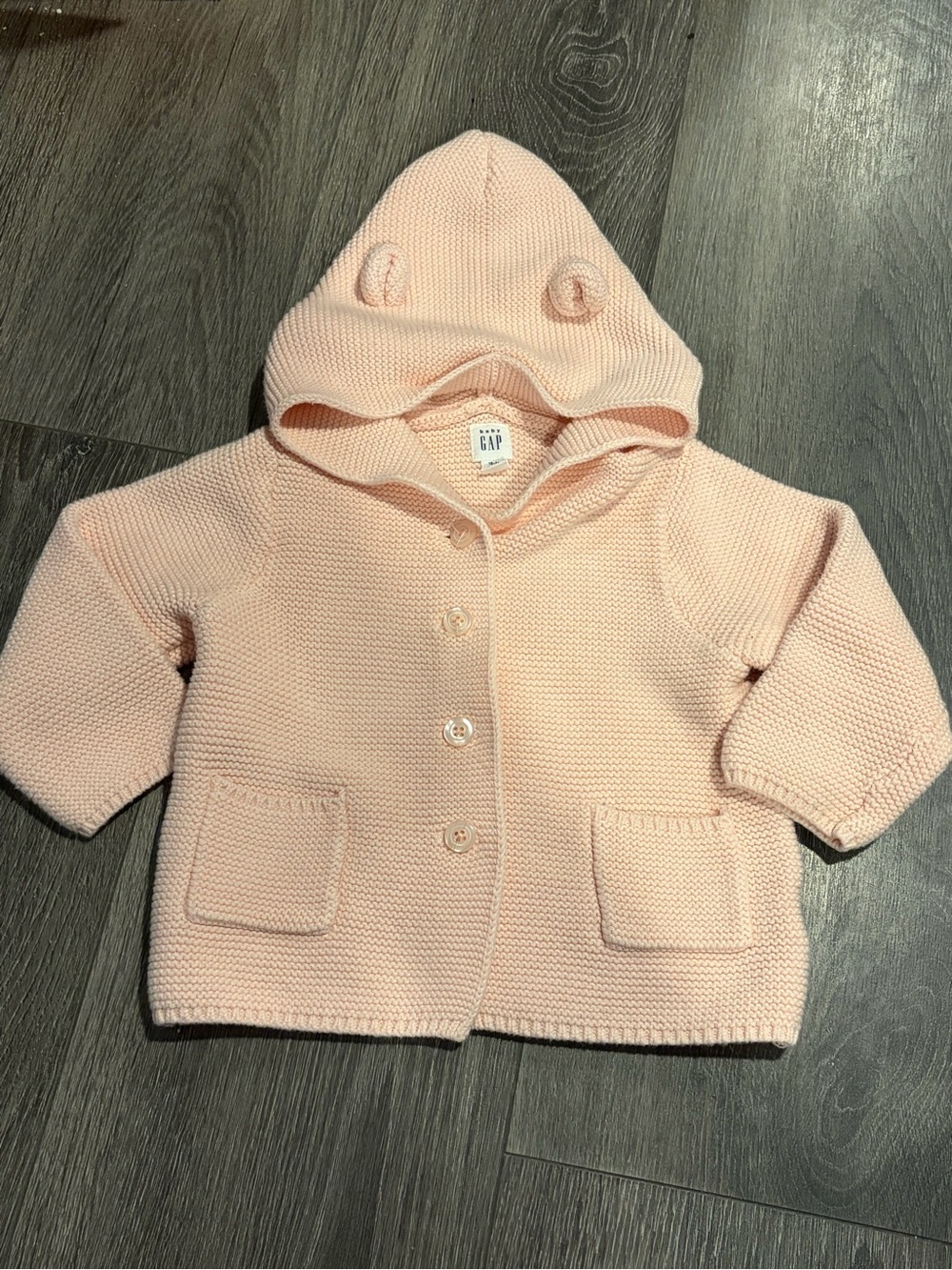 Baby Gap Soft Pink Knit Bear Ear Hooded Baby Cardigan Size 18-24 months